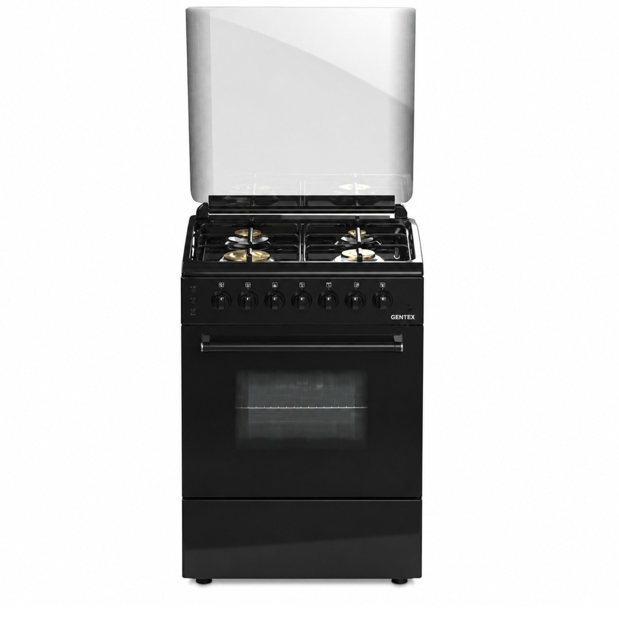 جينتكس فرن غاز GX 412 - B-SEMI لون أسود لميع قياس 60×60 سم مع رؤوس نحاسية وفرن مزدوج التحكم
