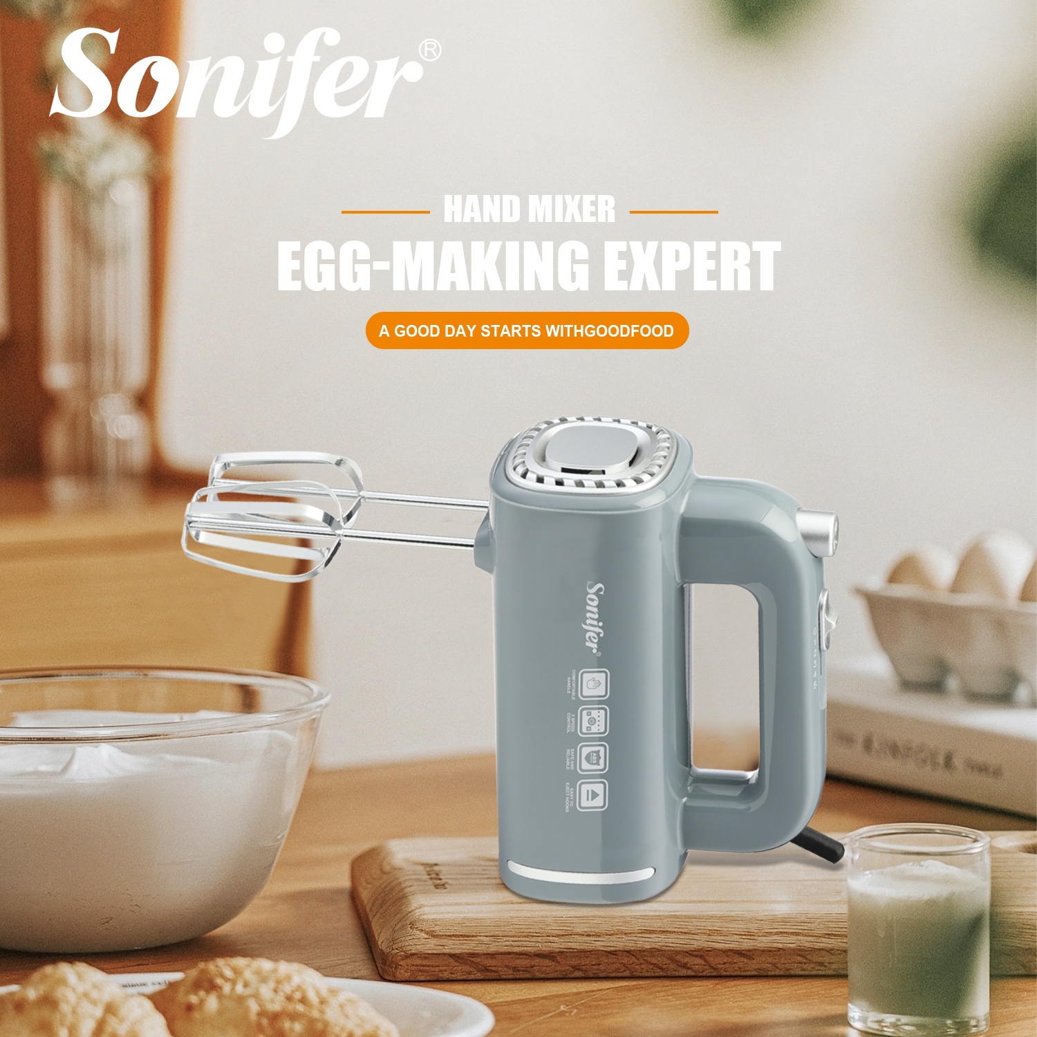 خلاط يدوي كهربائي Sonifer SF-7034c — قدرة ≈ 250 واط / تحكّم بـ5 سرعات