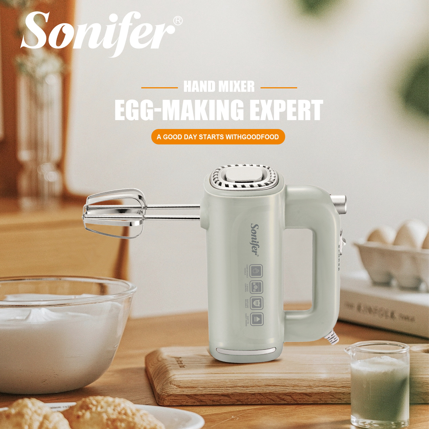 خلاط يدوي كهربائي Sonifer SF-7034b — قدرة ≈ 250 واط / تحكّم بـ5 سرعات