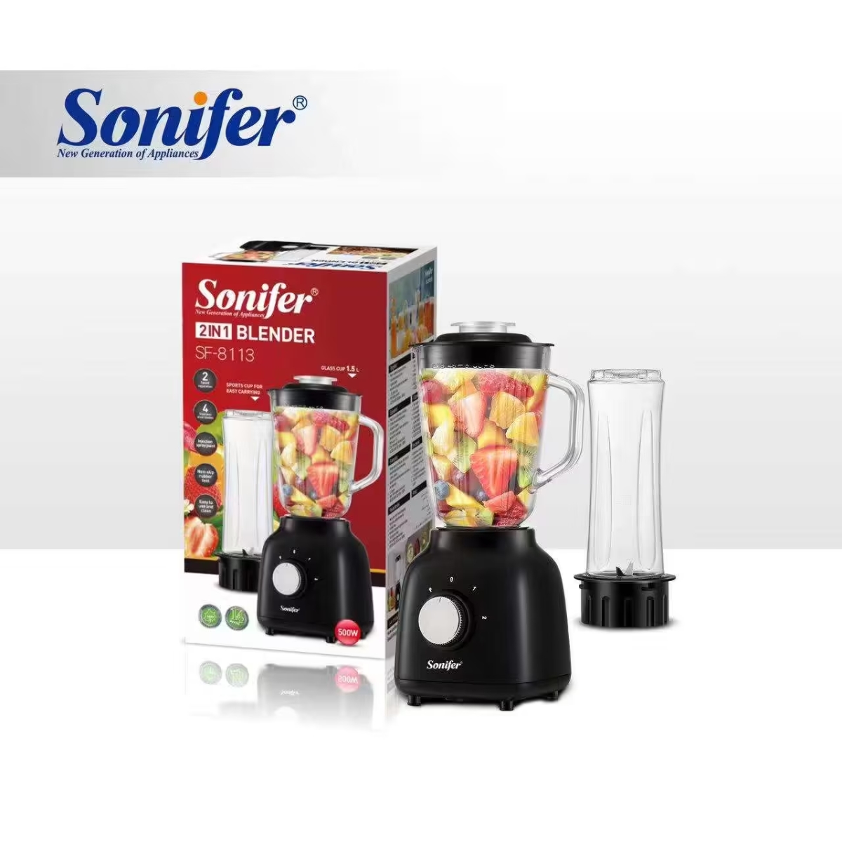 خلاط/مطحنة كهربائي Sonifer SF-8113 — سعة ‎1.5 لتر / قدرة ‎500 واط تقريبًا / تصميم 2-في-1