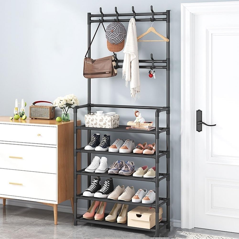 رفوف أحذية متعدد الطبقات مع علاقات – Shoe Rack Organizer 5 Tier Double Row with Hooks