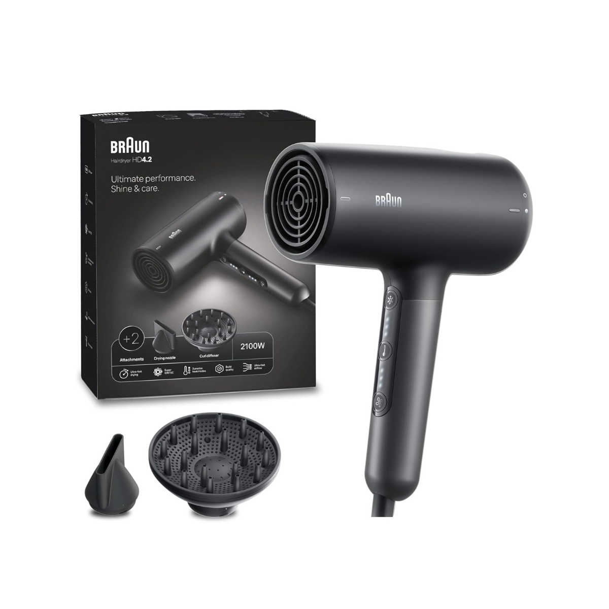 مصفف ومجفف الشعر Braun BRHD425SDE – 2100 واط – تقنية الأيونات – 3 مستويات حرارة + هواء بارد