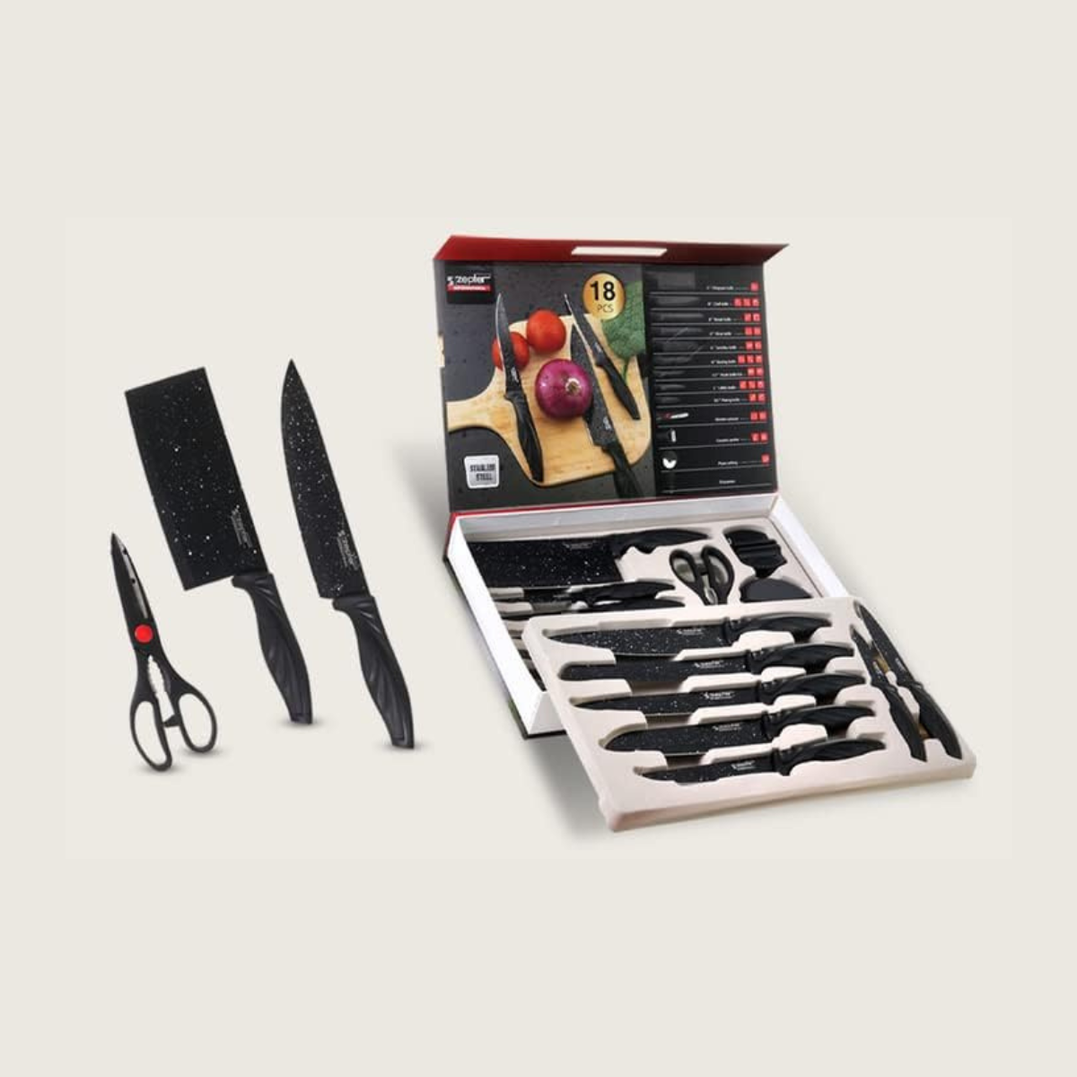 طقم سكاكين مطبخ 18 قطعة بطلاء جرانيت مع حامل – Kitchen Knife Set Granite Coating Zepter