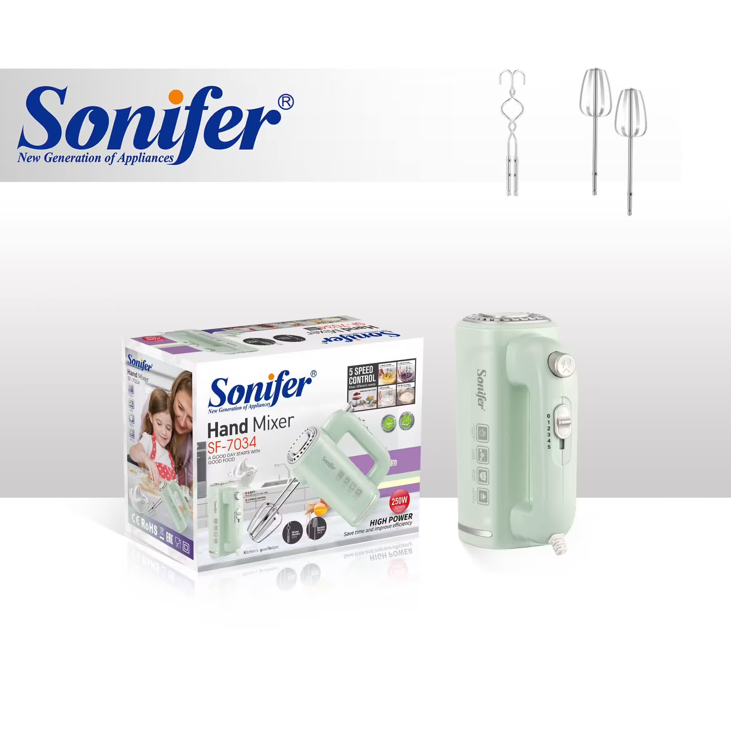خلاط يدوي كهربائي Sonifer SF-7034a — قدرة ≈ 250 واط / تحكّم بـ5 سرعات