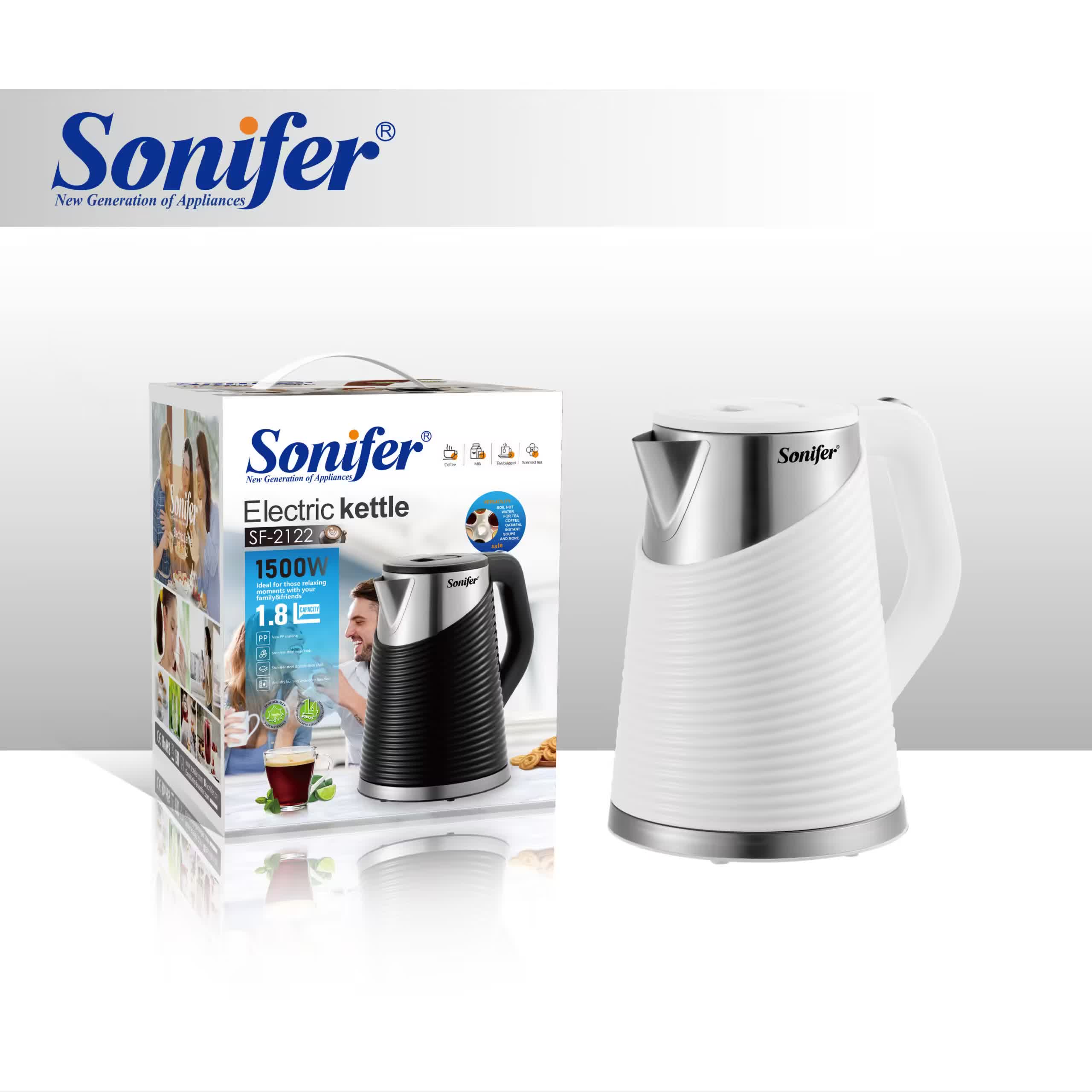 غلاية كهربائية Sonifer SF-2122 — ‎سعة ‎1.8 لتر / قدرة ‎1500 واط / باللونين الأبيض والأسود