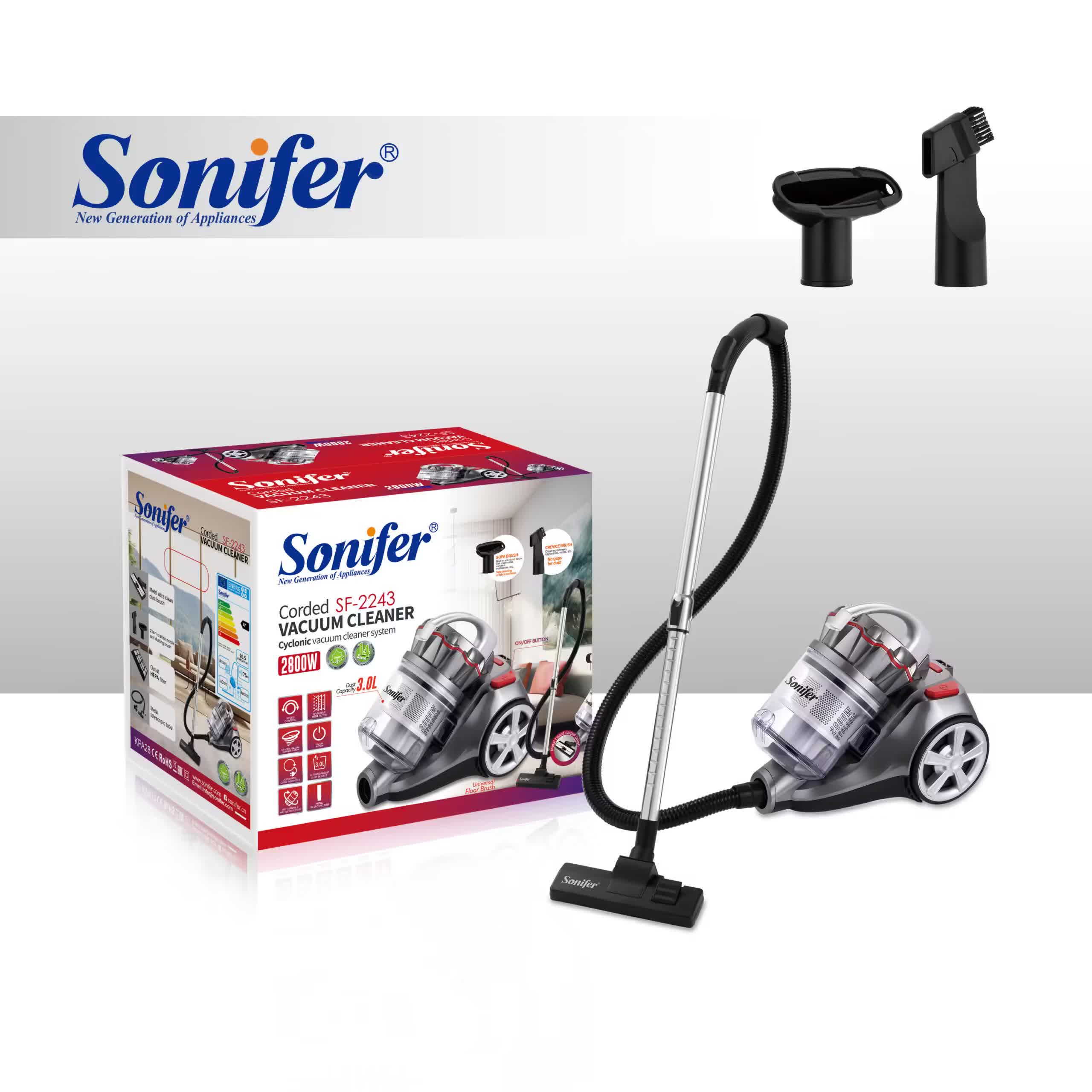 مكنسة كهربائية Sonifer SF-2243 — القدرة: 2800 واط / سعة 3 لترات / بدون كيس (Bagless)