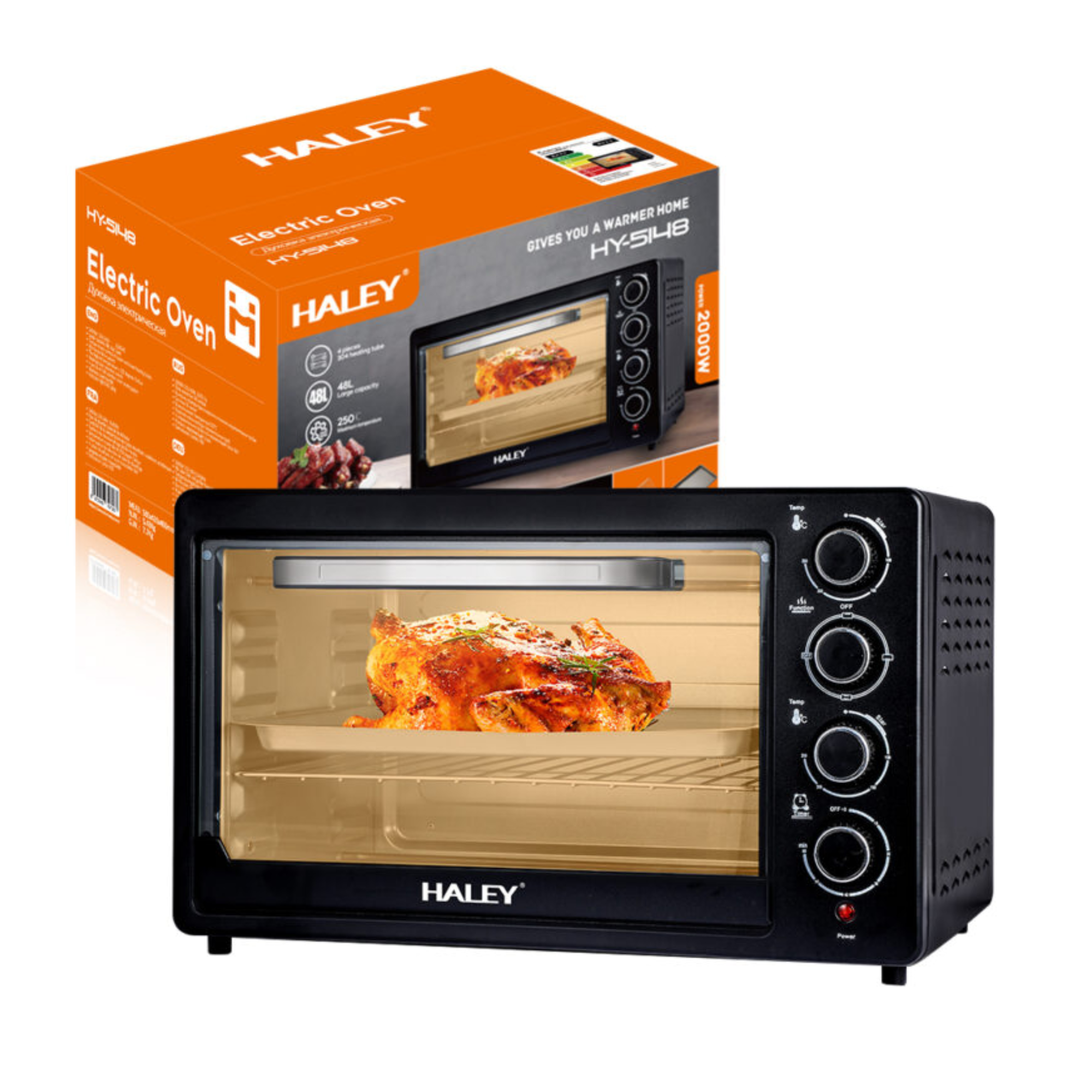 فرن كهربائي HALEY HY-5148 – سعة 48 لتر – 2000 واط – حرارة حتى 250° مع شواية