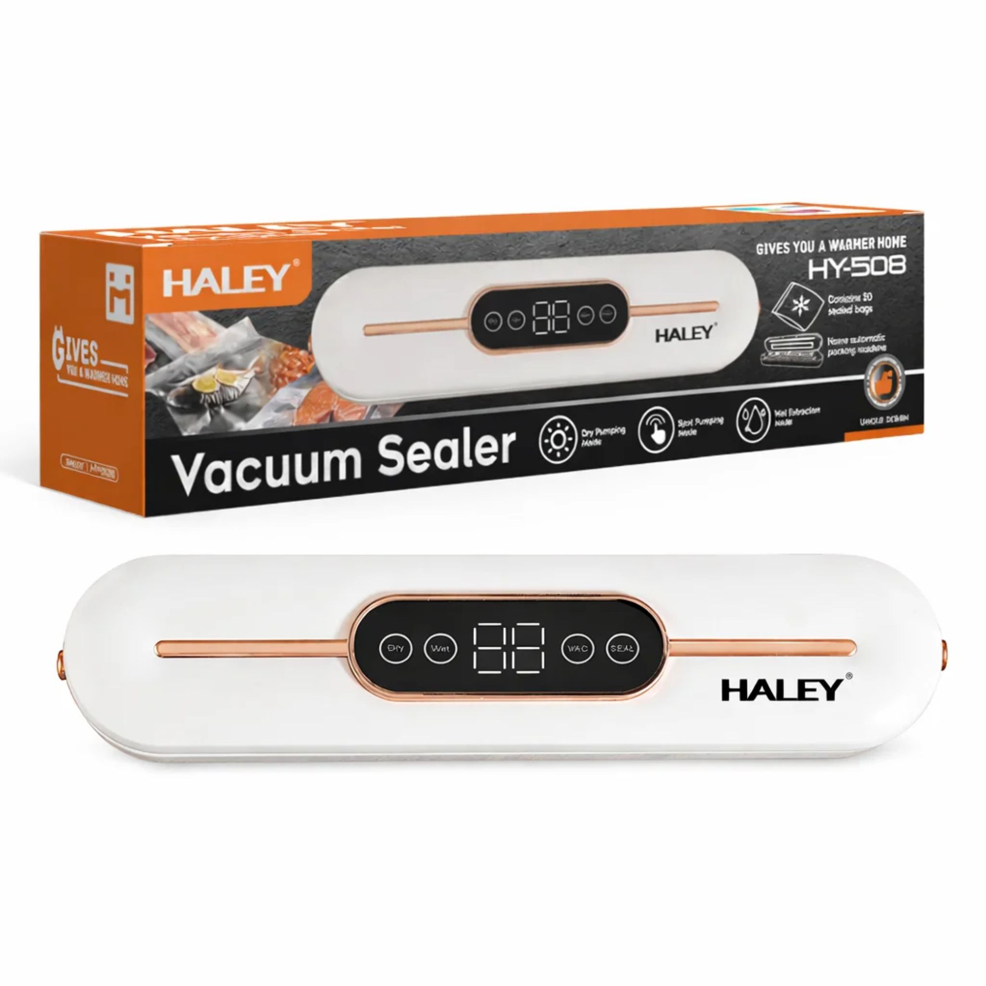 ختامة اكياس  HALEY HY-508 – جهاز تفريغ هواء قوة 90 واط، وضع جاف/رطب، يحافظ على الطعام طازج حتى 5 مرات أطول