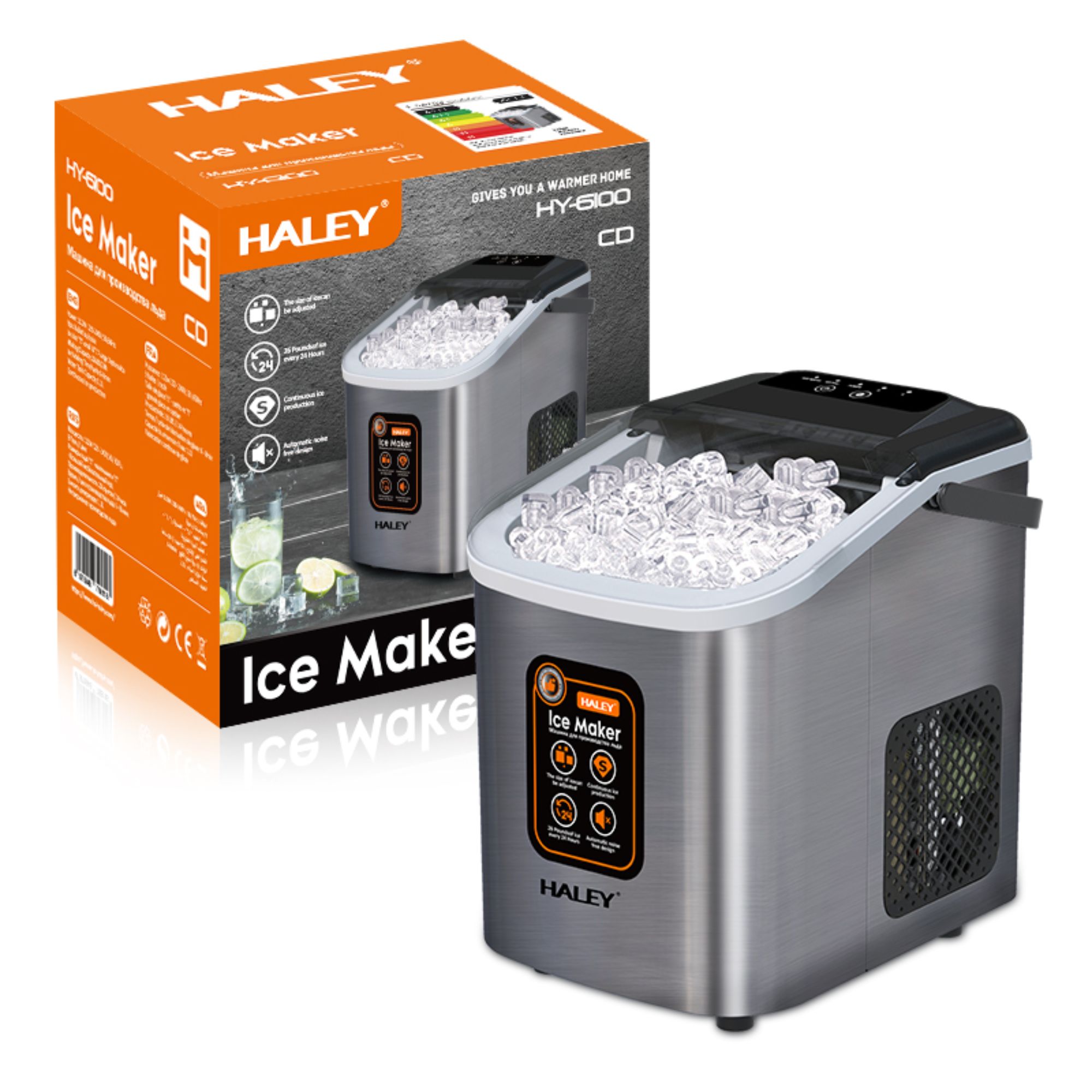 صانعة الثلج HALEY ستانلس ستيل – إنتاج 12 كغ/24 ساعة، تنظيف ذاتي، تشغيل هادئ، تعمل بمياه الحنفية أو المعبأة