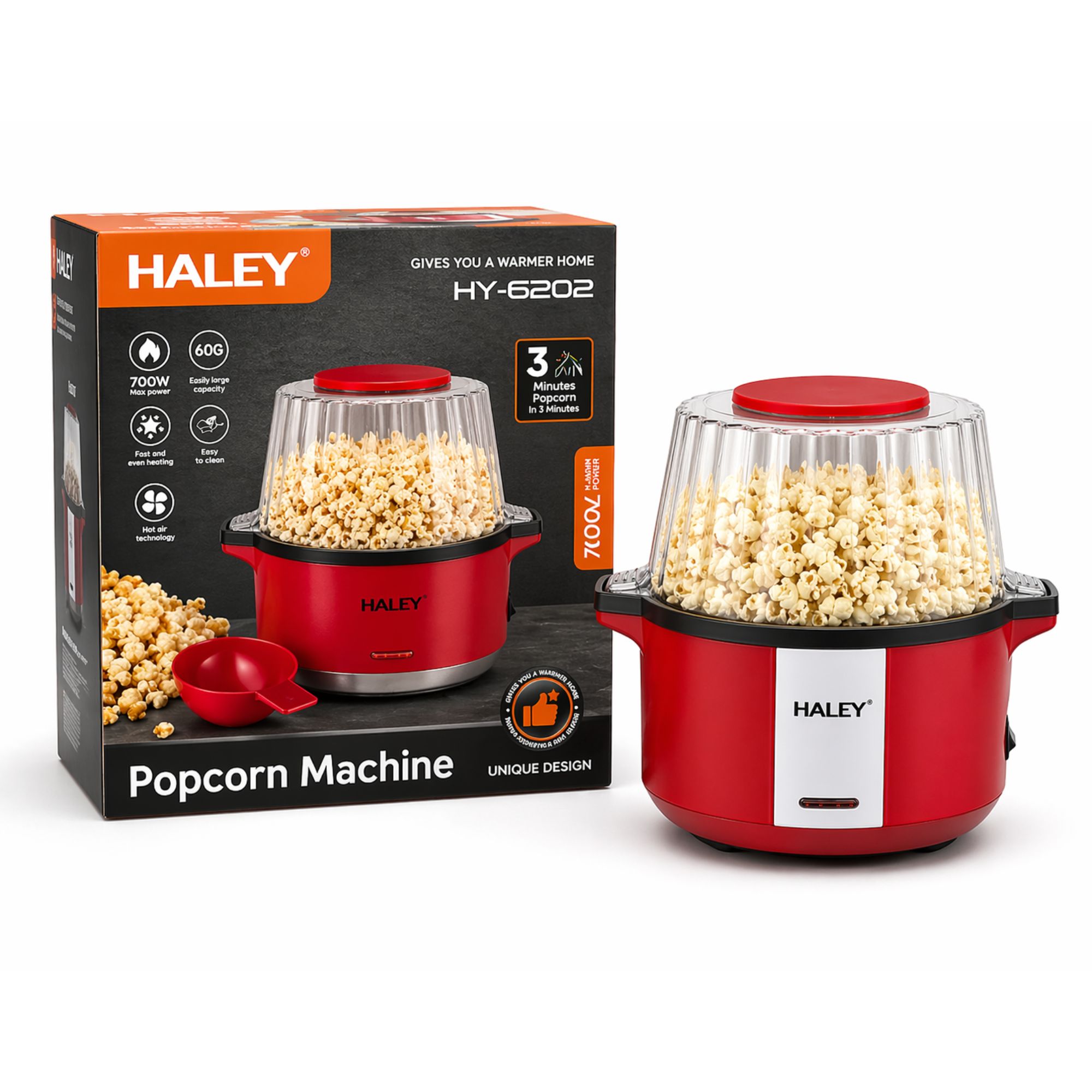 ماكينة فشار HALEY HY-6202 – 700 واط، تحضير خلال 3 دقائق، سعة 60 غ، سهلة الاستخدام والتنظيف