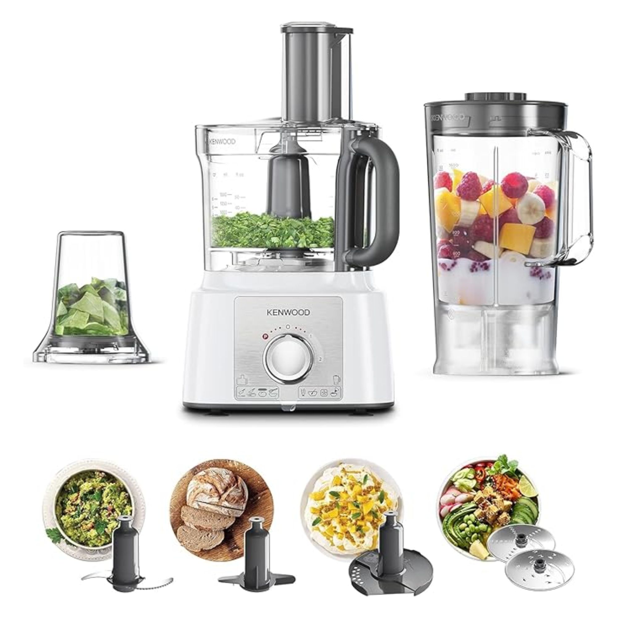 محضر طعام كينوود MultiPro Express FDP65.400WH، قدرة 1000 واط، وعاء 3 لتر، خلاط 1.5 لتر، مع مطحنة وملحقات متعددة، أبيض