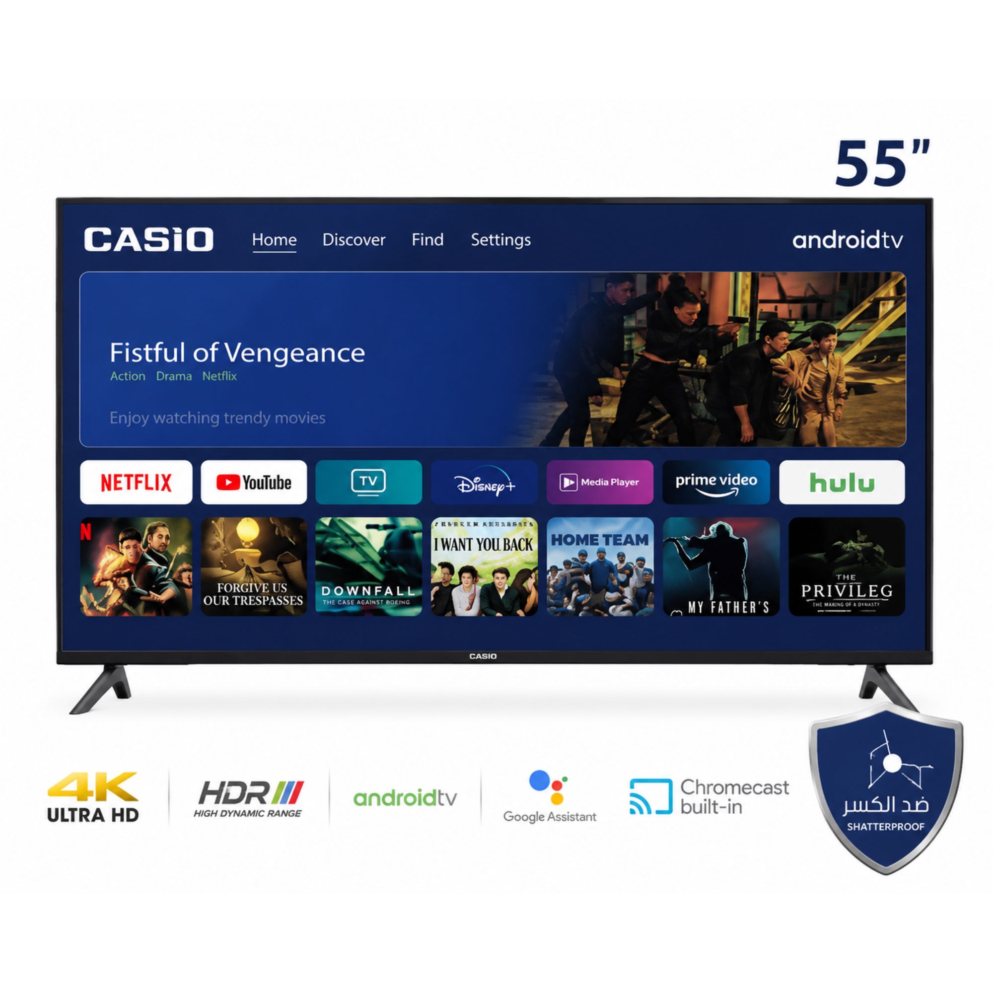 شاشة كاسيو 55 بوصة سمارت بدون إطار CAS55SGL – Full HD – Android TV 14 – شاشة مقاومة للكسر – ذاكرة 8GB – رام 1GB – نظام صوت محيطي – لون أسود