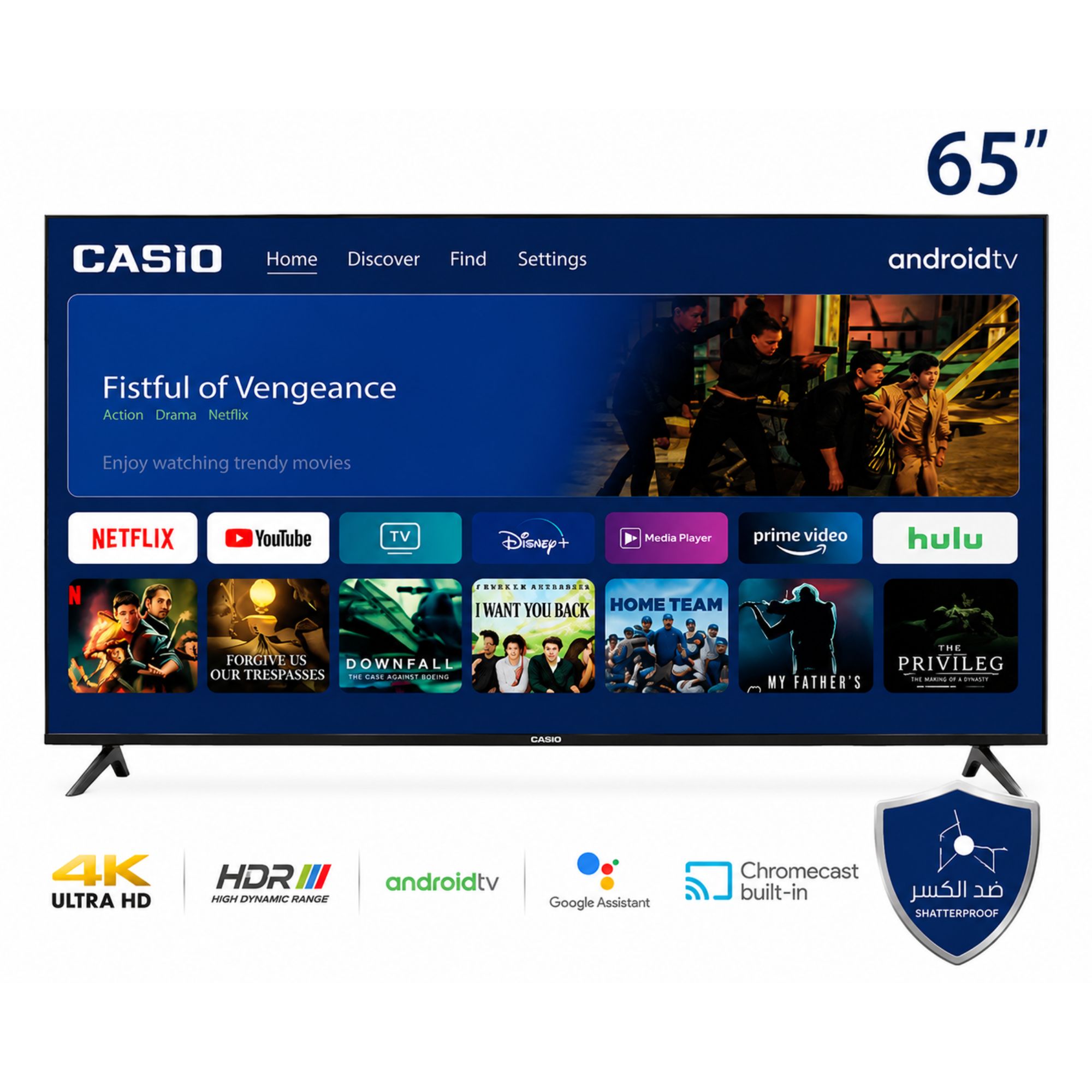 شاشة كاسيو 65 بوصة سمارت بدون إطار CAS65SGL4K – 4K UHD – Android TV 15 – شاشة مقاومة للكسر – ذاكرة 8GB – رام 1.5GB – نظام صوت محيطي – لون أسود