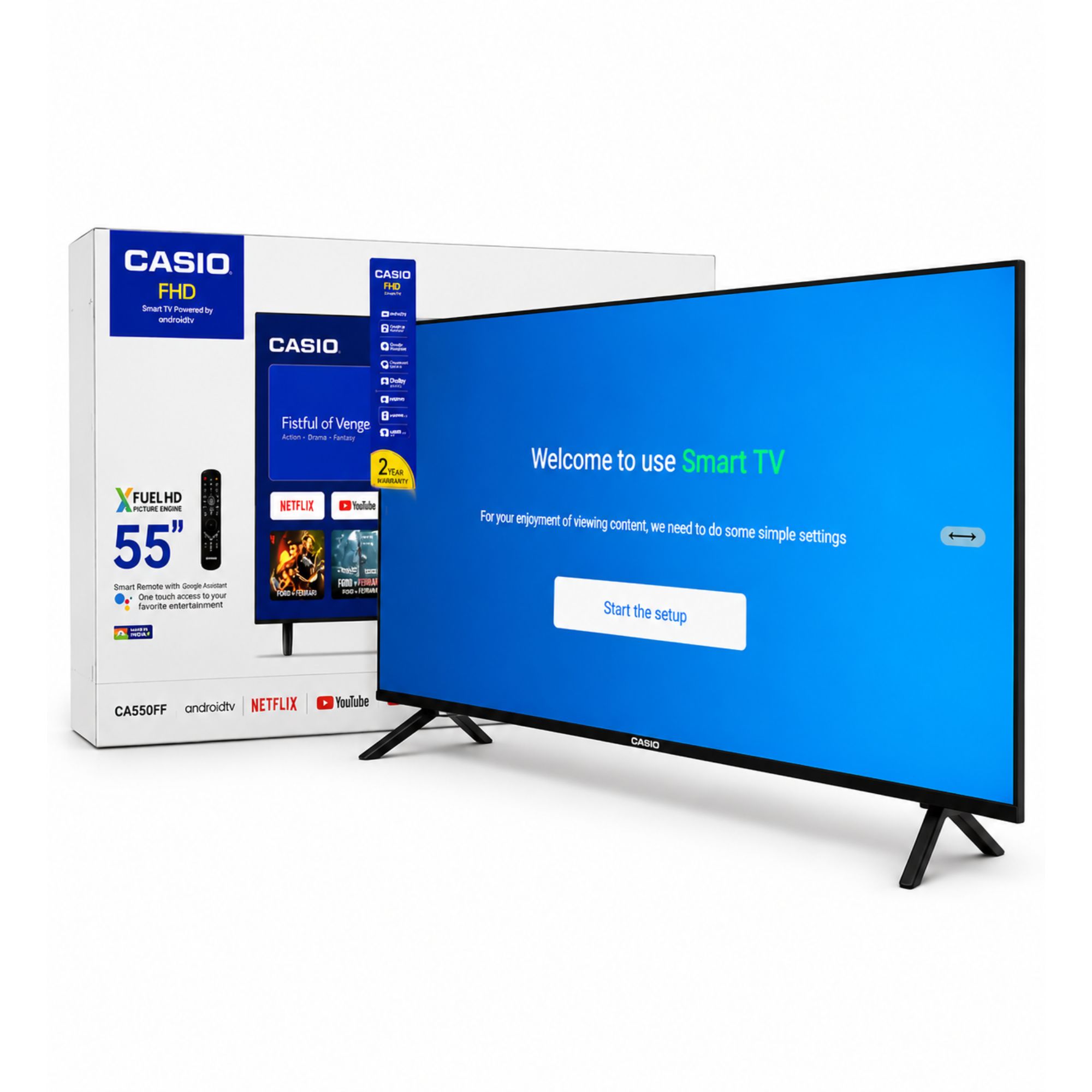 شاشة كاسيو 55 بوصة سمارت بدون إطار CAS55SF – Full HD – Android TV – ذاكرة 8GB – رام 1GB – نظام صوت محيطي – لون أسود