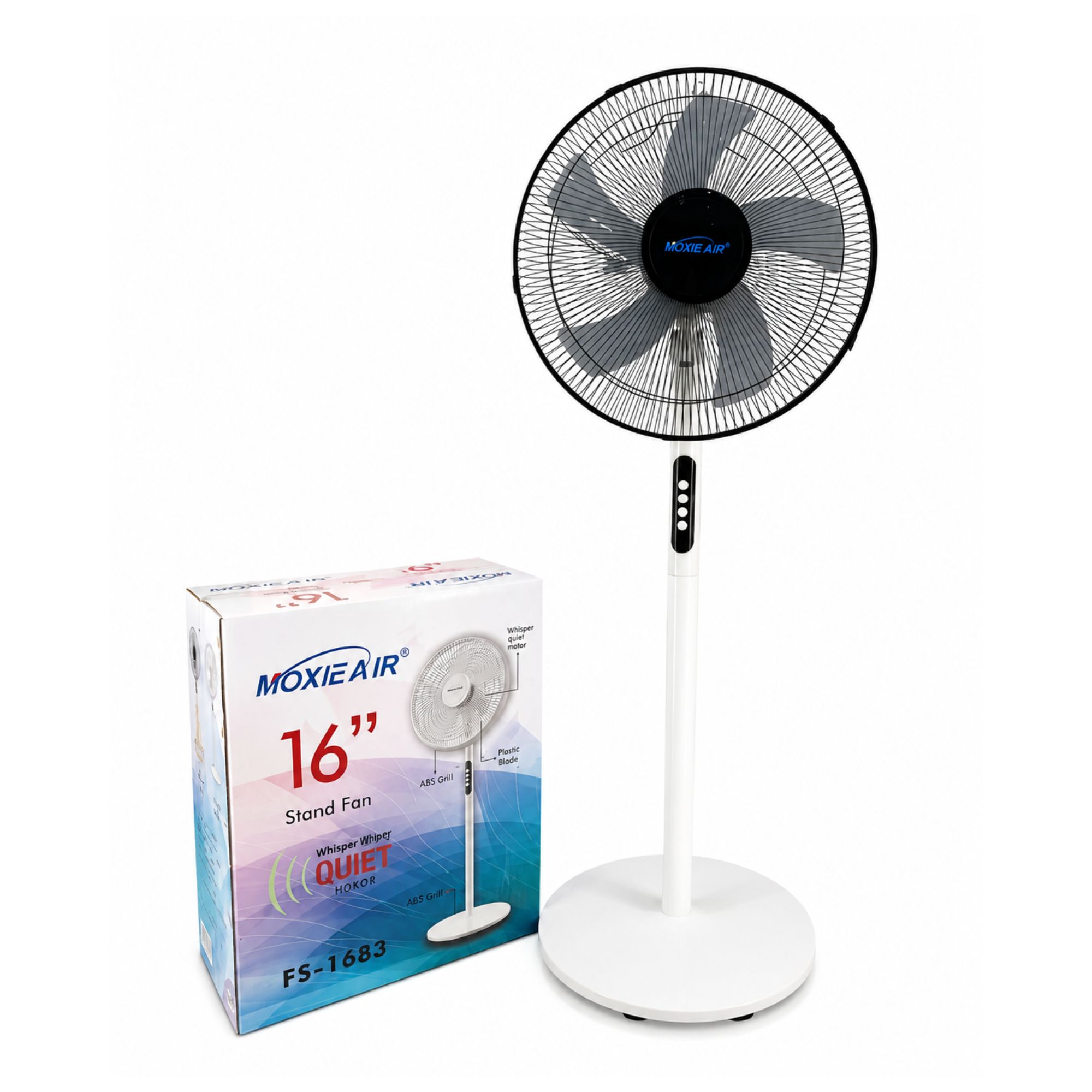 مروحة أرضية Moxie Air FS-1683 مقاس 16 بوصة – 3 سرعات – محرك هادئ – تصميم عصري أنيق – تدفق هواء قوي للمنزل والمكتب