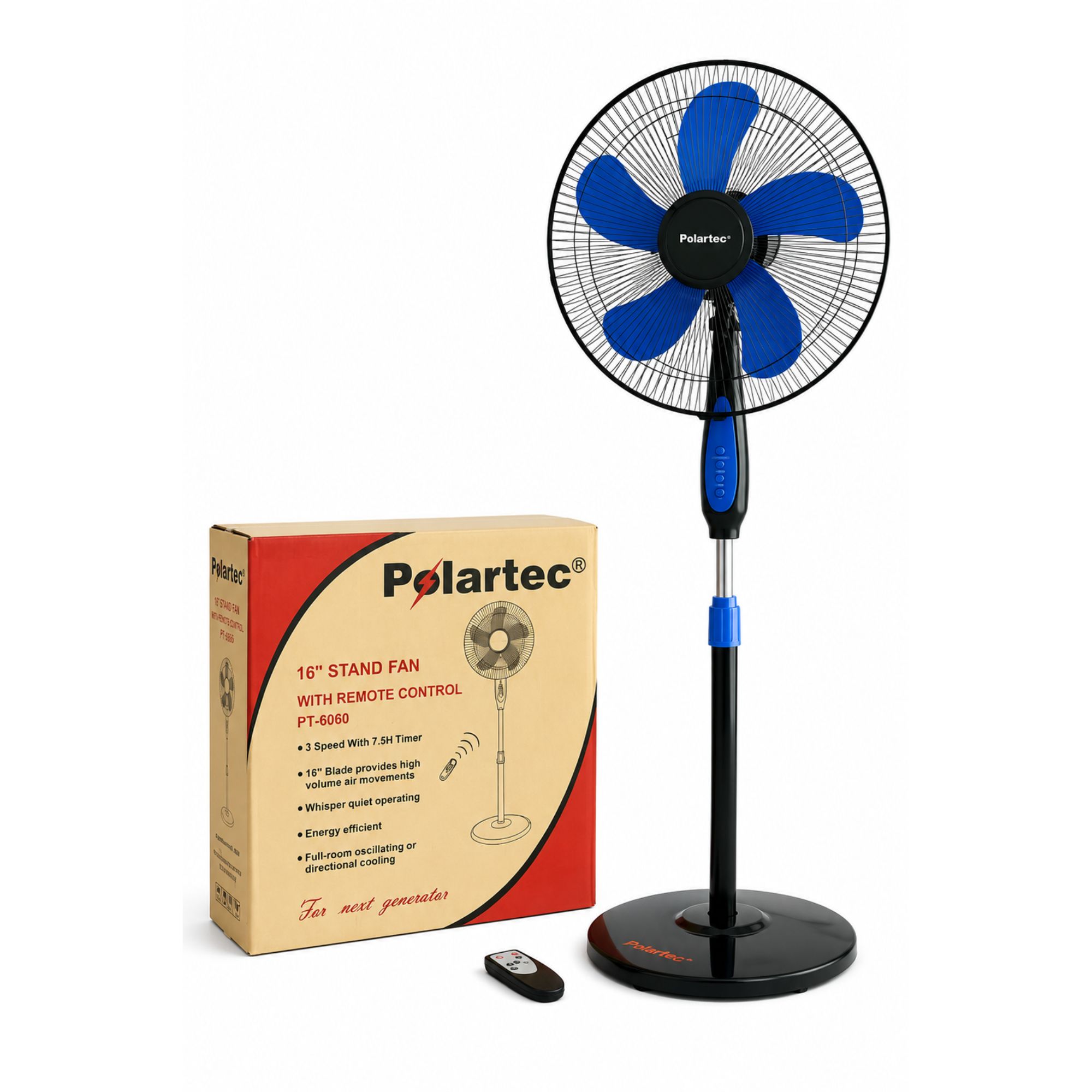 مروحة أرضية Polartec PT-6060 مقاس 16 بوصة مع جهاز تحكم عن بعد – 3 سرعات – مؤقت حتى 7.5 ساعات – تشغيل هادئ – تذبذب تلقائي لتوزيع الهواء