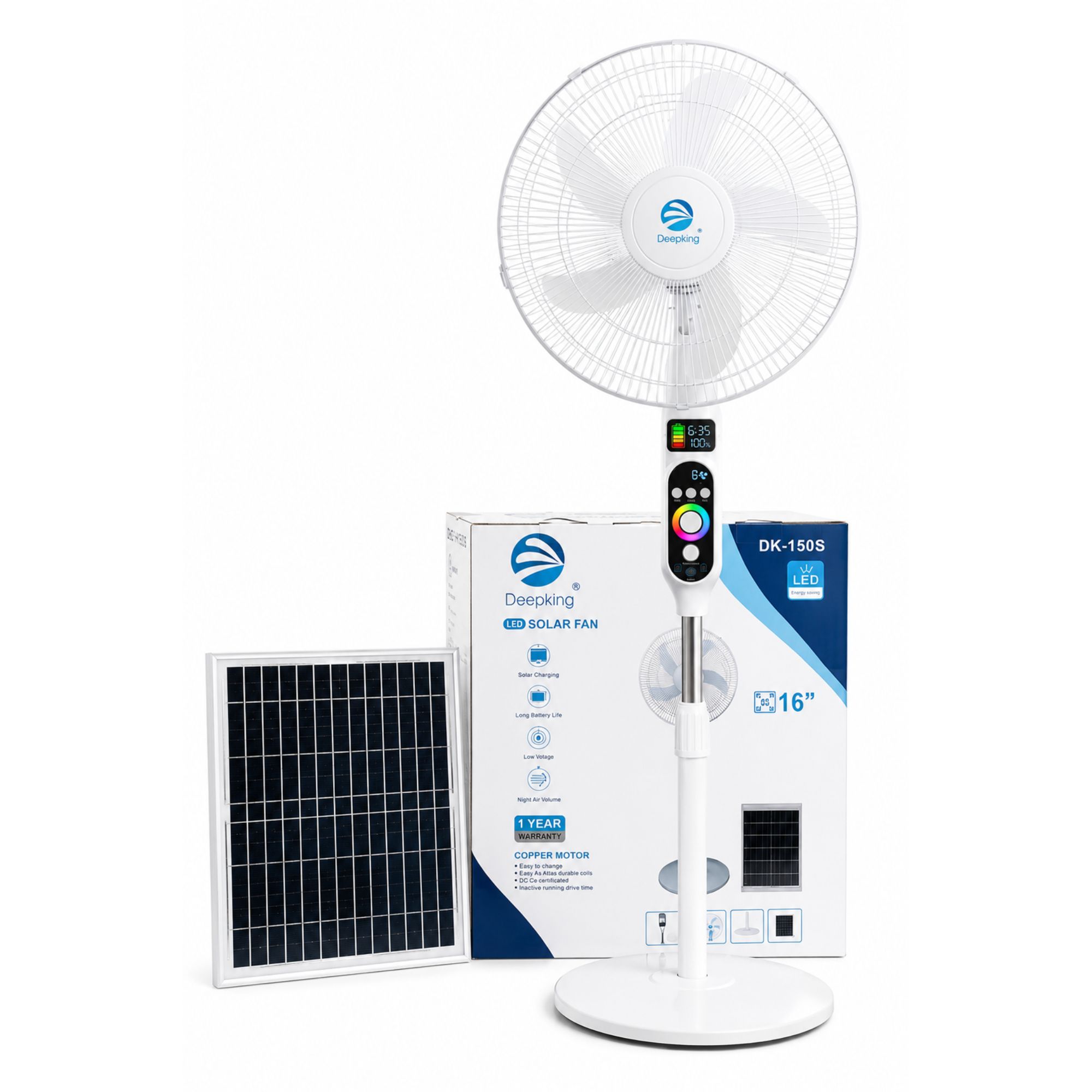 مروحة Deepking DK-150S بالطاقة الشمسية 16 بوصة مع بطارية قابلة للشحن – شاشة LED رقمية – إضاءة متعددة الألوان – تشغيل هادئ – مثالية للطوارئ وانقطاع الكهرباء