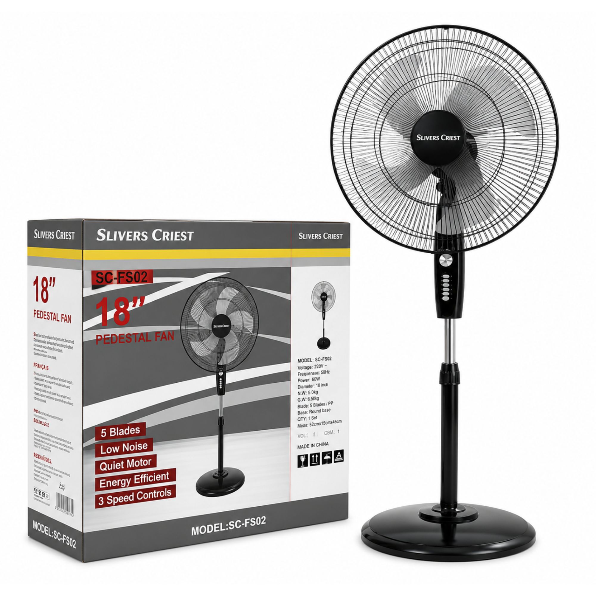 مروحة أرضية Silvers Crest SC-FS02 مقاس 18 بوصة – 5 شفرات – 3 سرعات – محرك هادئ موفر للطاقة – تدفق هواء قوي للمنزل والمكتب